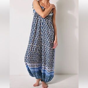 Free People Intimately Blue Boho Relaxed Rule The World Maxi Romper Women’s Sz L
